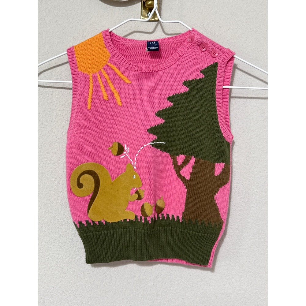 Gap Sweater Vest Toddler 4Y Pink Vintage 2004 Squirrel Woodland Knit